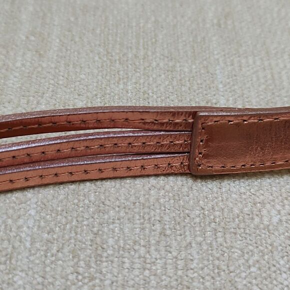 J. Crew Skinny Metallic Copper Leather Belt Square Brass Tone Buckle Size Large - Picture 5 of 10